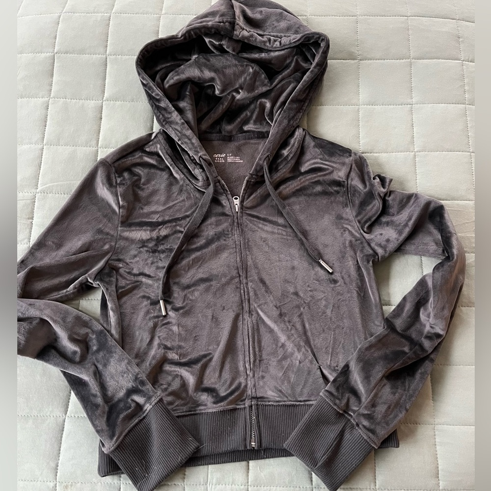 Aerie Real Good Grey Gray Zip Hooded Crop Soft Jacket Size Small Velour